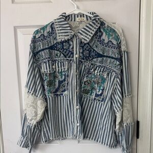 POL Blue and White Striped Jean Jacket